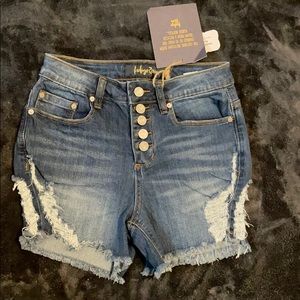 Indigo Rein Button Fly Distressed Shorts